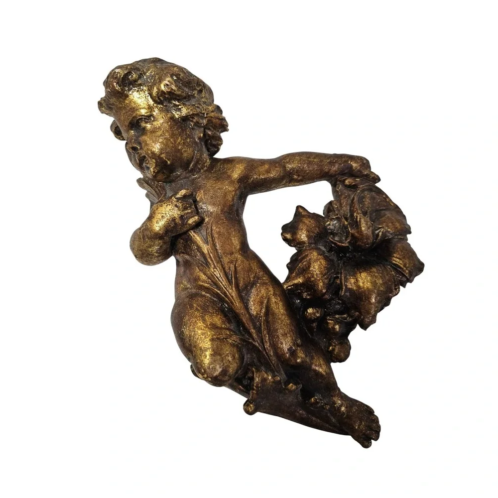 Vintage Gold Cherub Wall Plaque Angel Putto Relief Sculpture 12 Inch Gilded Art